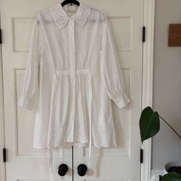 ULLA JOHNSON Gemma Shirt Dress Cowrie White Eyelet Statement Colla Size 6 Medium - Picture 3 of 16